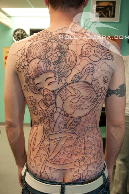 Holly Azzara - Geisha with birds back piece outline session 1